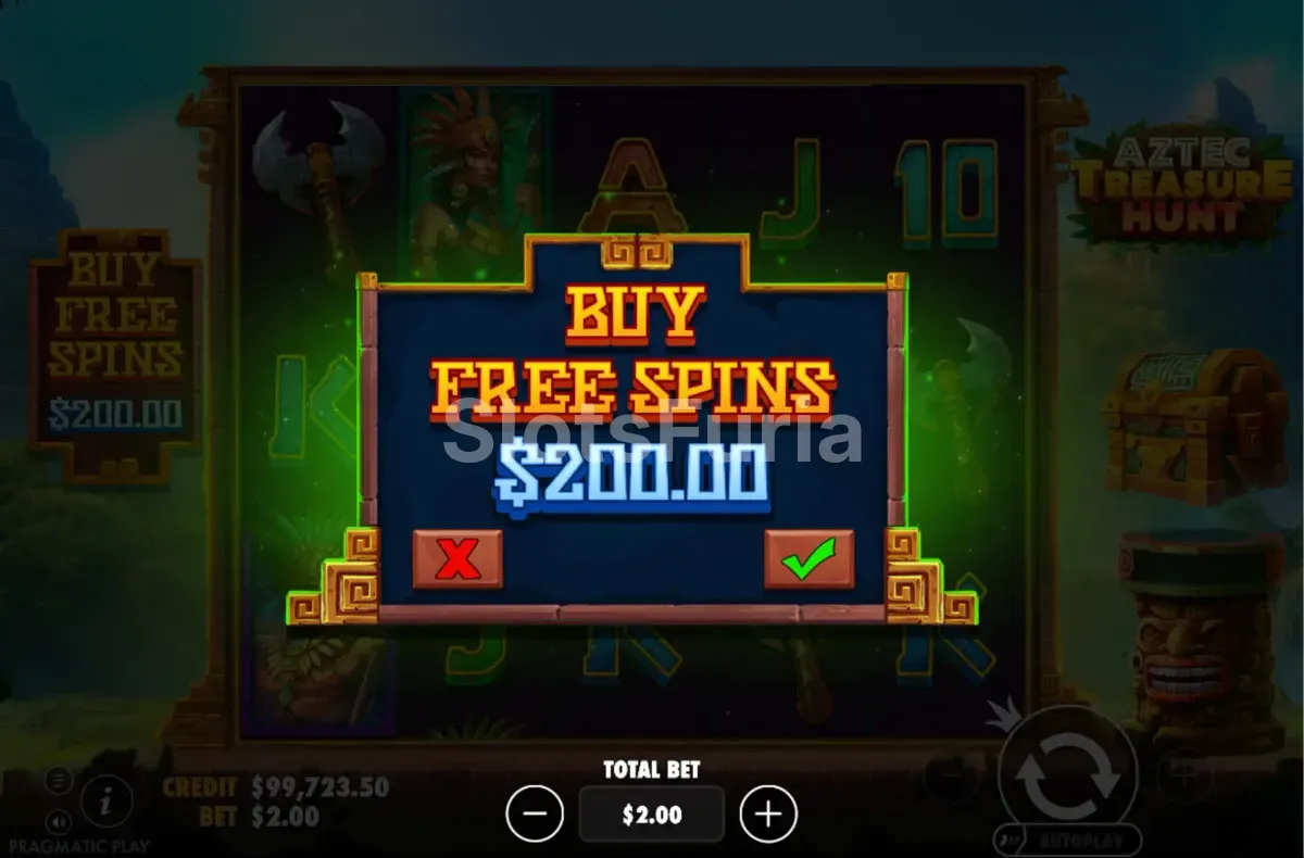 Pantalla de compra de bonus disponible en Aztec Treasure Hunt