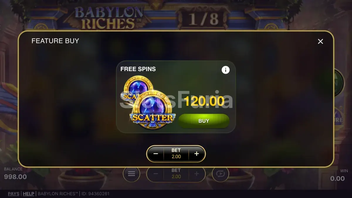 Opción de compra de bonus en Babylon Riches de NetEnt