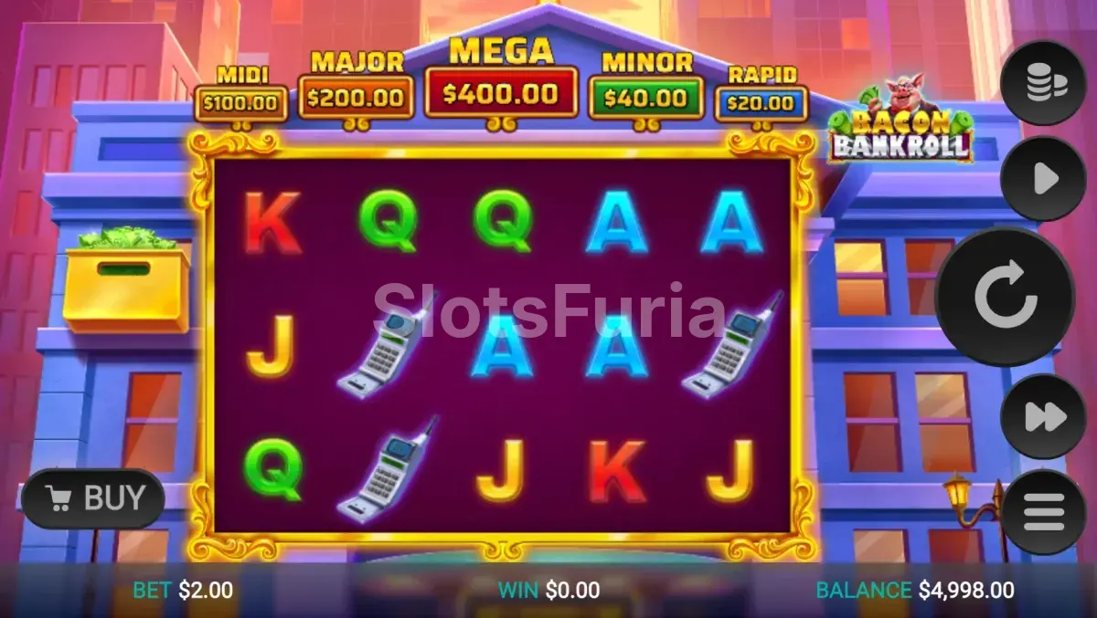Juego base de Bacon Bankroll con sus cinco carretes y temática de tocino