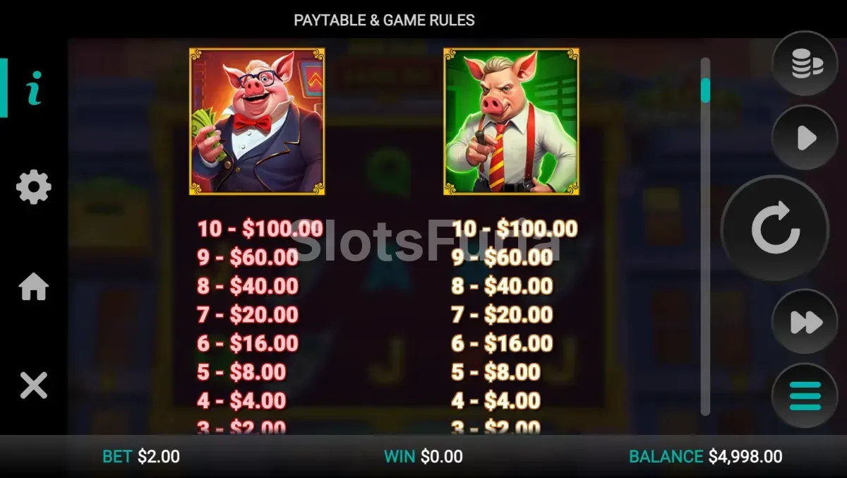 Tabla de pagos de Bacon Bankroll con todos los símbolos y sus valores