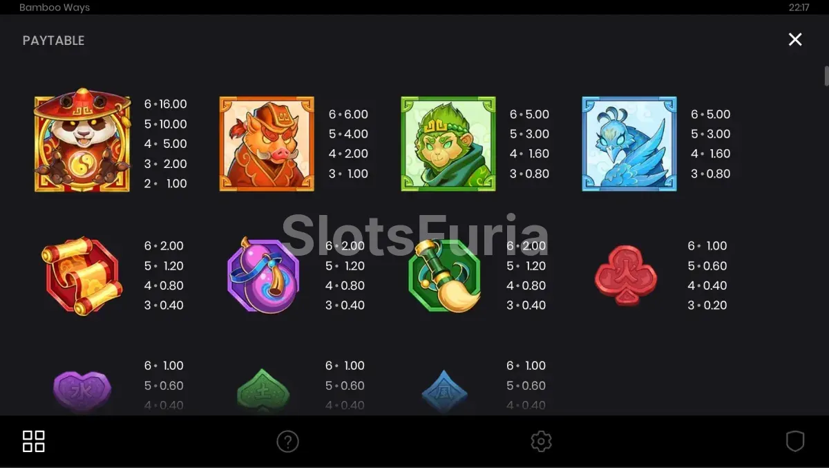 Tabla de pagos y símbolos de Bamboo Ways Push Gaming