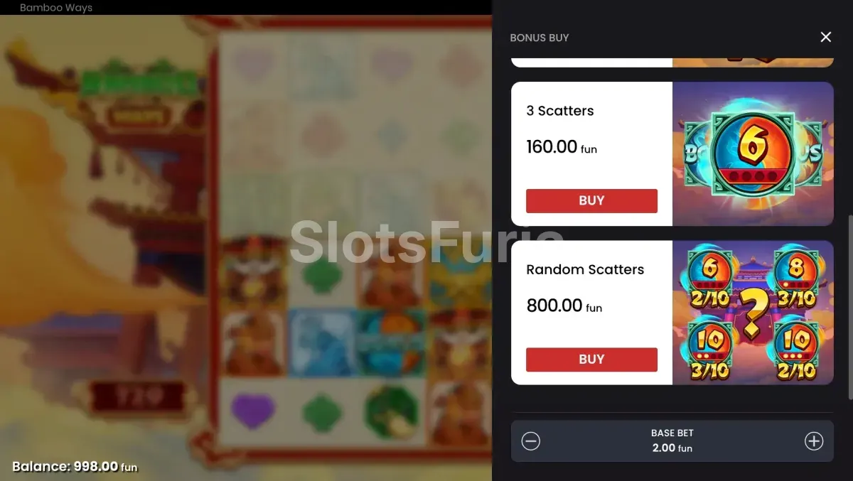 Pantalla de compra de bonus en Bamboo Ways de Push Gaming