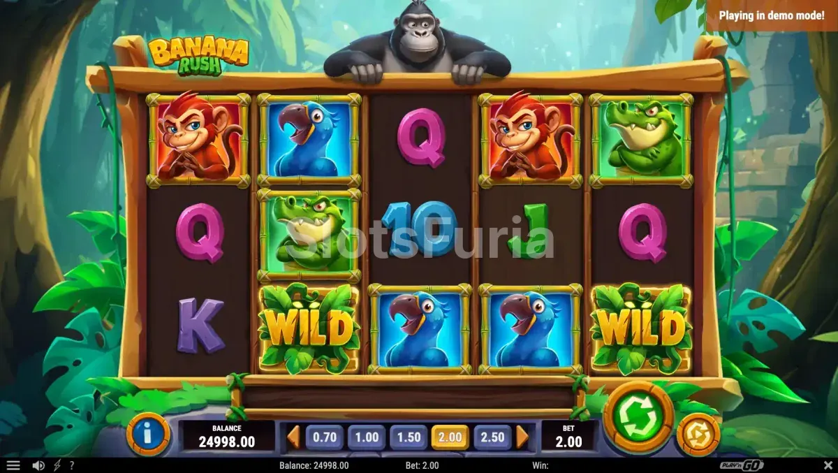 Pantalla principal del juego Banana Rush con el gorila y los rollos tropicales