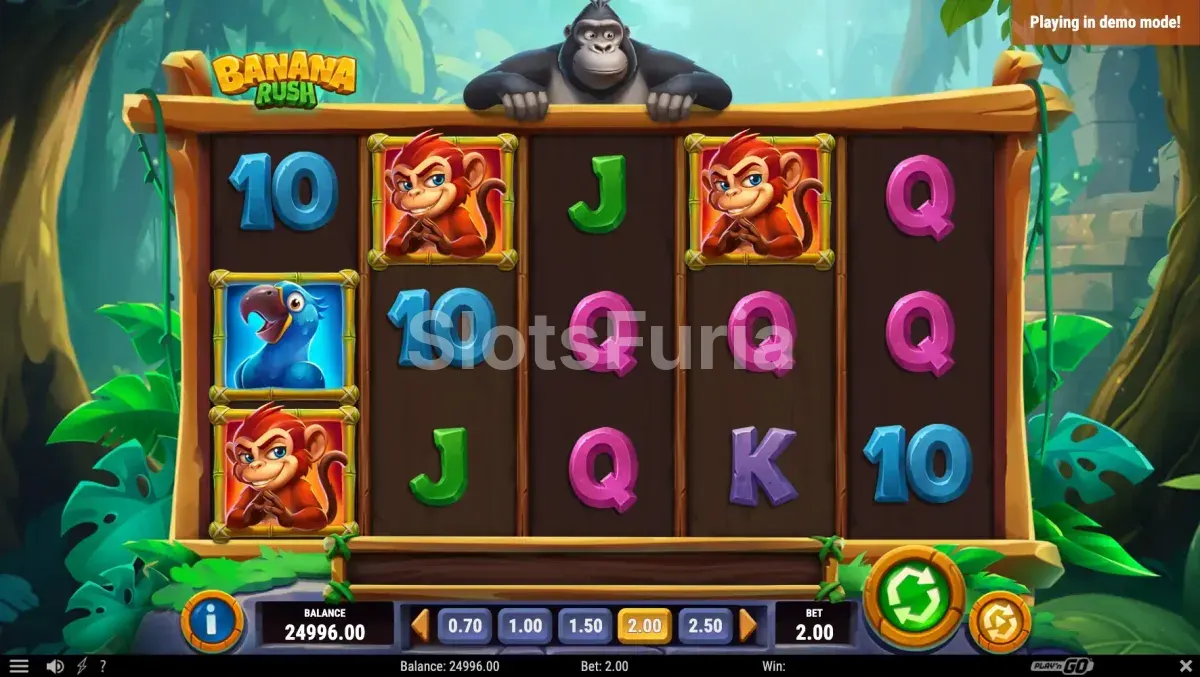 Ronda de bonus activa en Banana Rush con el gorila recolectando bananas
