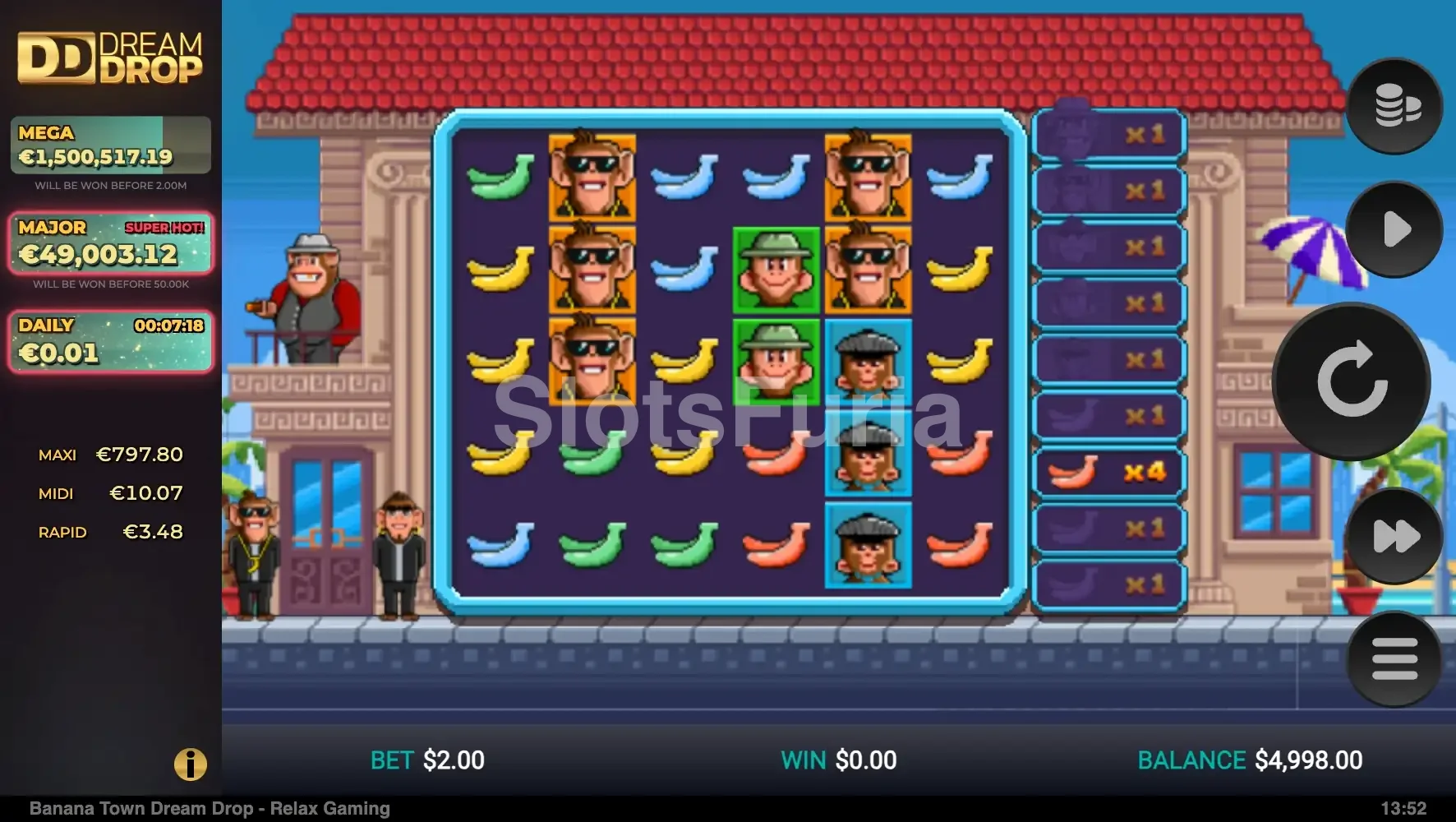 Pantalla principal del juego Banana Town Dream Drop con la ciudad de monos gángsters
