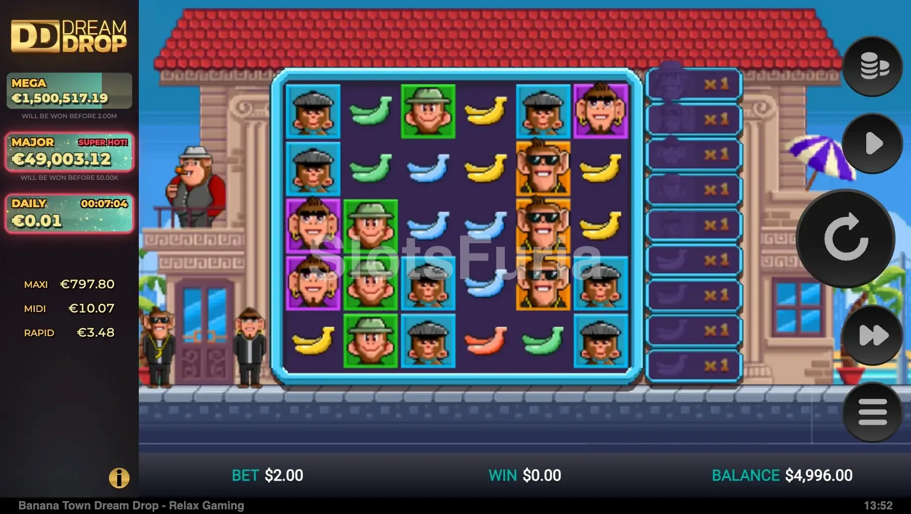 Bonus de tiradas gratuitas en acción dentro del edificio en Banana Town Dream Drop