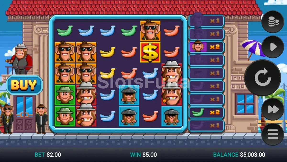Juego base de Banana Town con cuadrícula de 6x5 y monos gángster