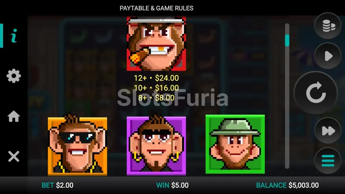 Tabla de pagos de Banana Town con símbolos de bananas y monos