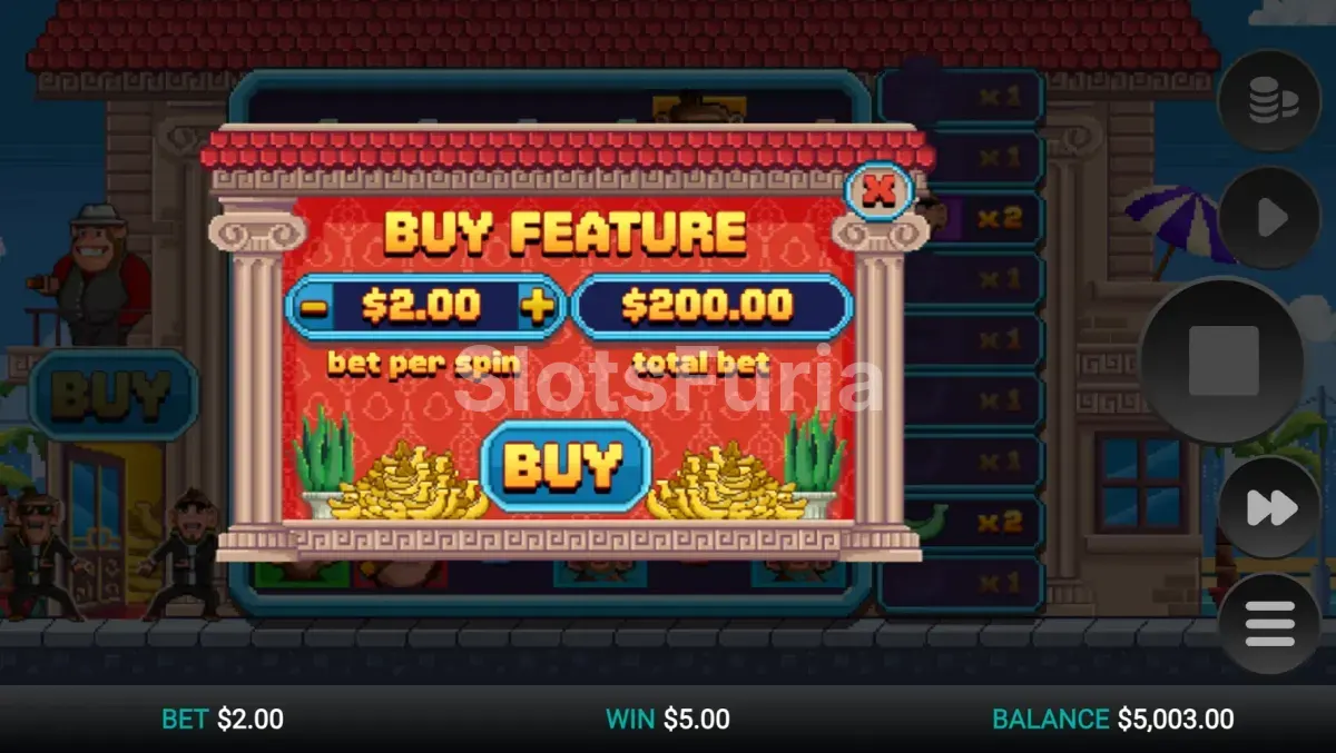 Pantalla de compra de bono en Banana Town de Relax Gaming
