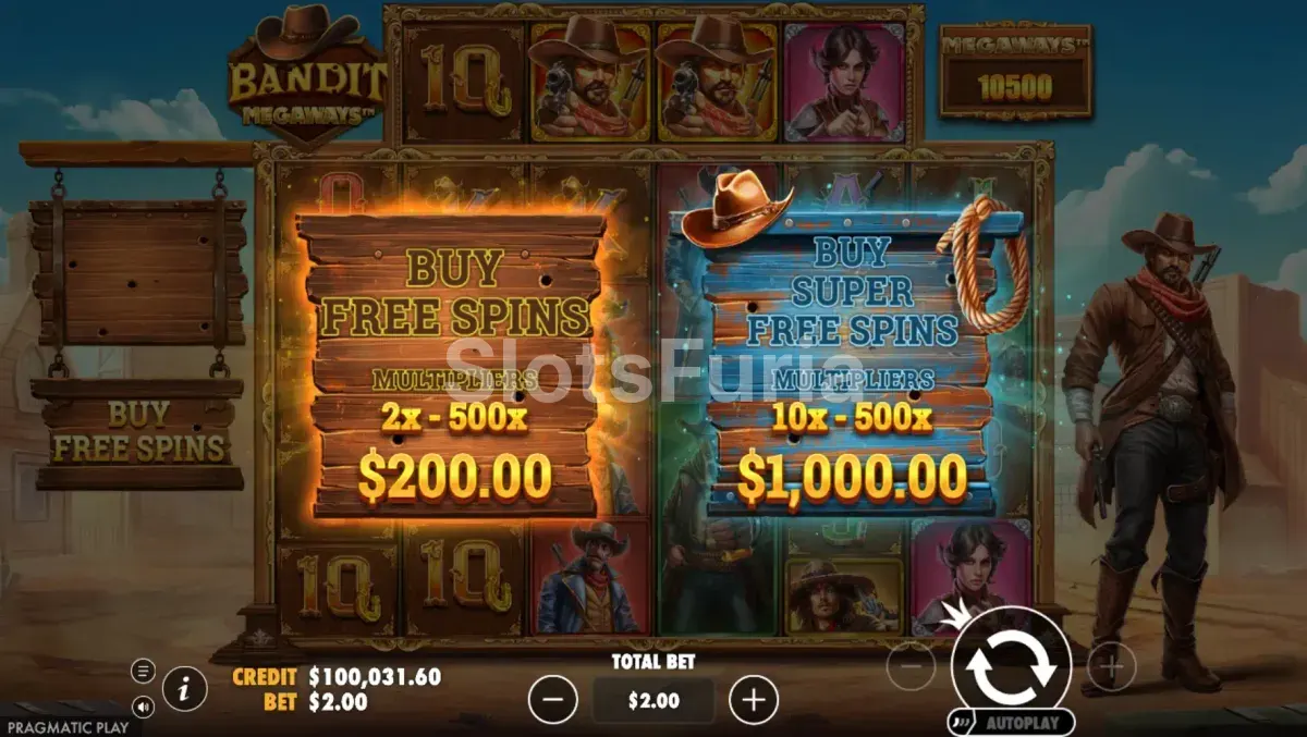 Pantalla de compra de bonus en Bandit Megaways