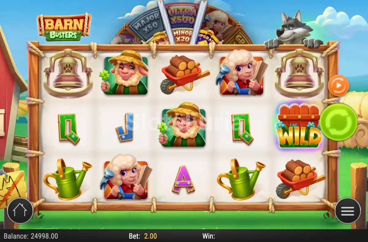 Pantalla principal del juego base de Barn Busters con sus cinco rodillos