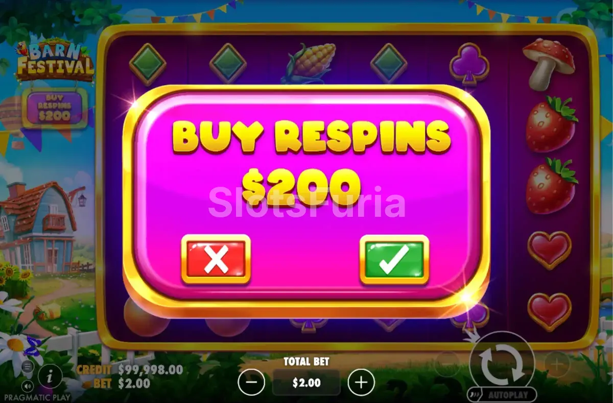 Pantalla de compra del Money Respin en Barn Festival