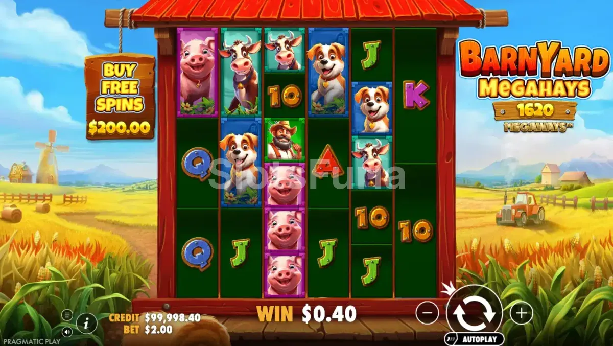 Juego base de Barnyard Megahays Megaways con sus 6 rodillos y ambiente de granja