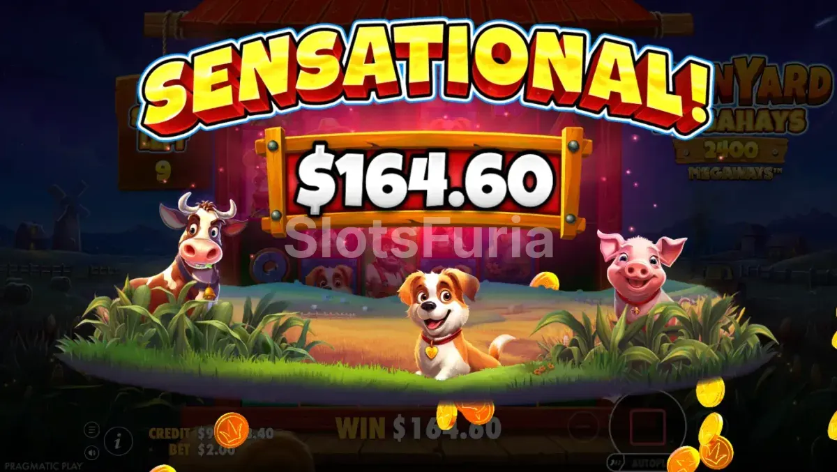 Gran victoria en Barnyard Megahays Megaways con el símbolo de ganancia máxima activo