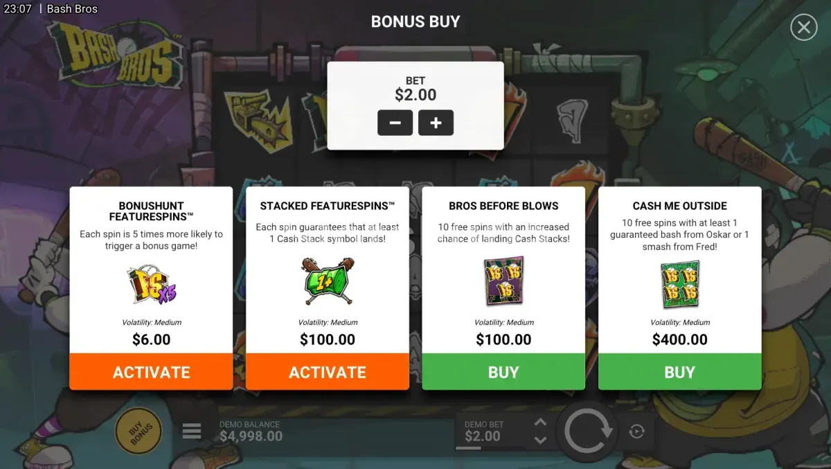 Menú de compra de bonus de Bash Bros con las cuatro opciones disponibles