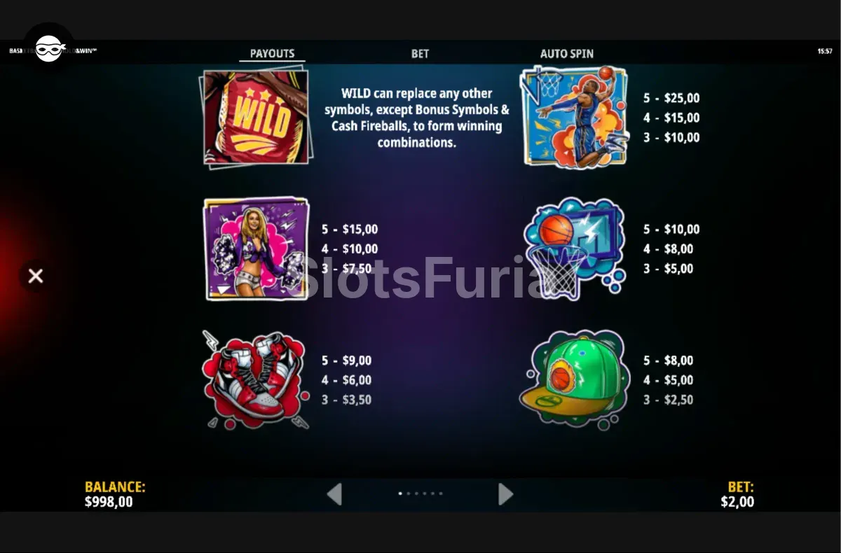 Tabla de pagos y símbolos de Basketball King Hold & Win explicando cada premio