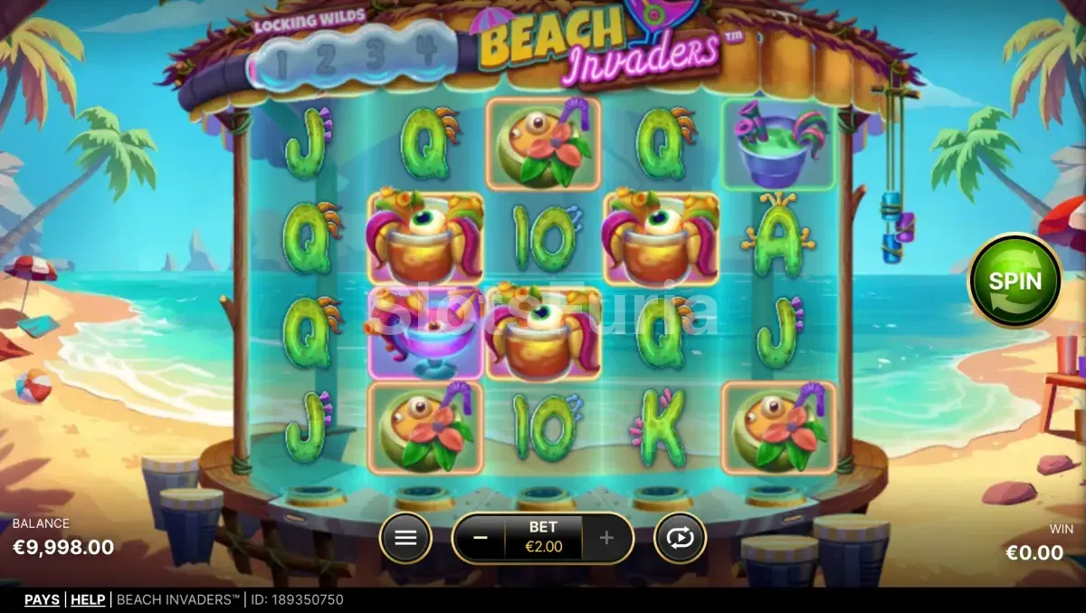 Juego base de Beach Invaders con wilds expandidos en la grilla de 5x4