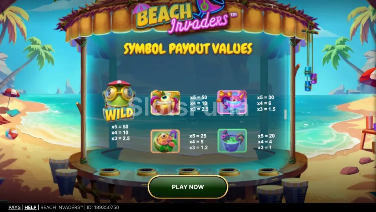 Tabla de pagos de Beach Invaders con cócteles, letras y wild