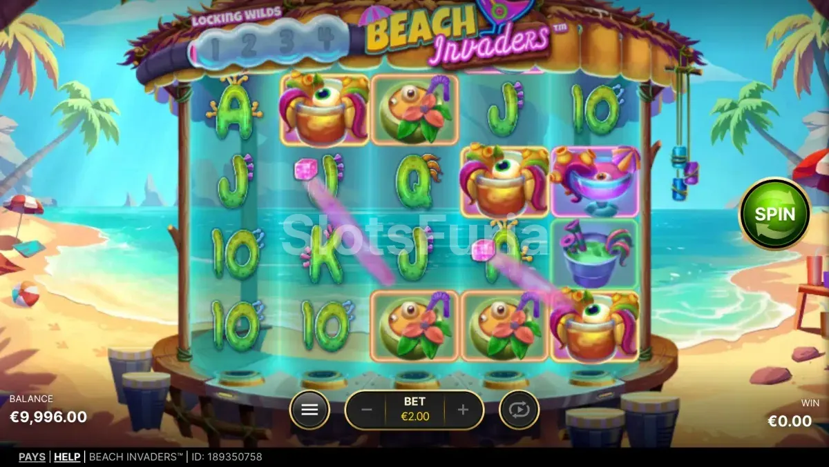Giro del juego base de Beach Invaders con premios en varias líneas