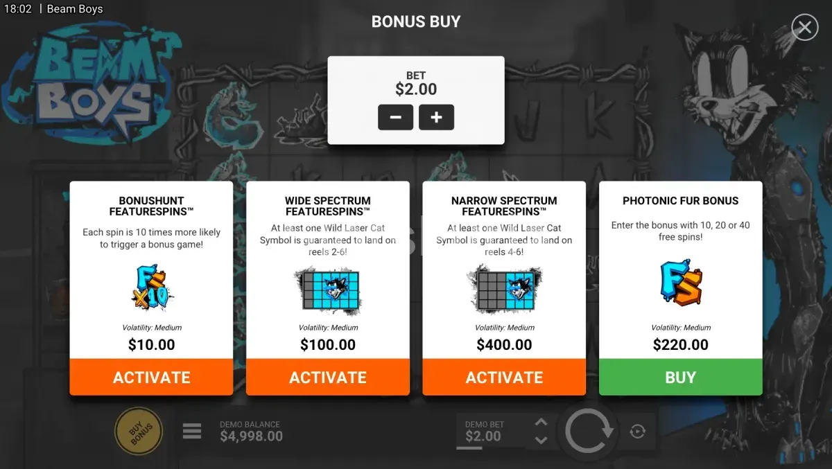Menú de compra de bonos de Beam Boys, tragamonedas espacial de Hacksaw Gaming
