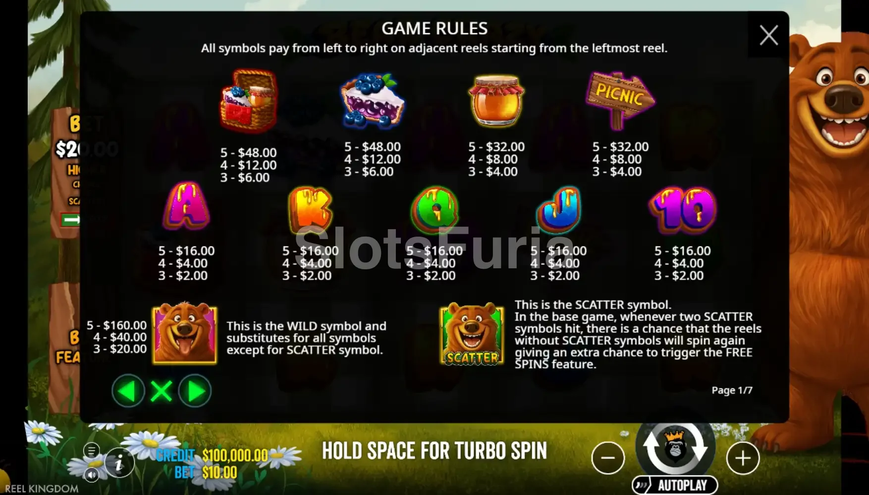 Tabla de pagos de Bear Crazy con todos los símbolos y valores