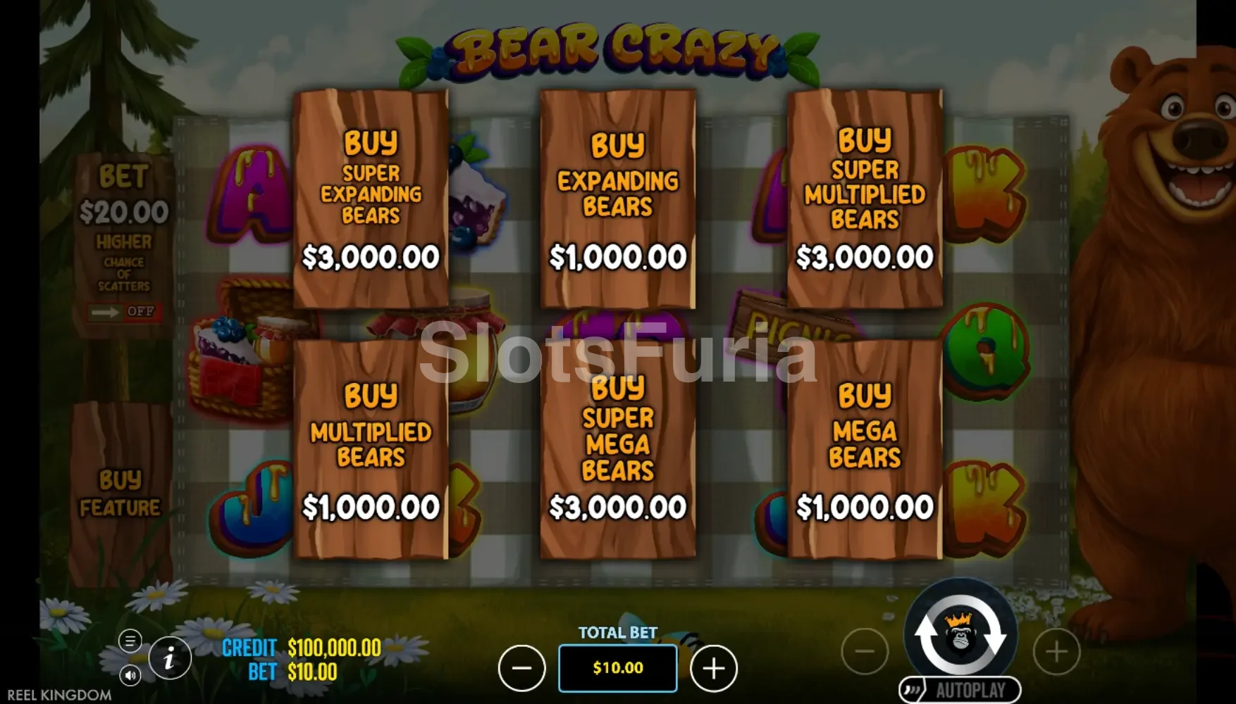 Pantalla de compra de bonos de Bear Crazy con todas las opciones disponibles