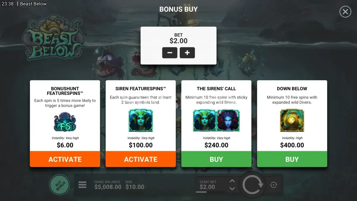Pantalla de compra de bonos en Beast Below de Hacksaw Gaming