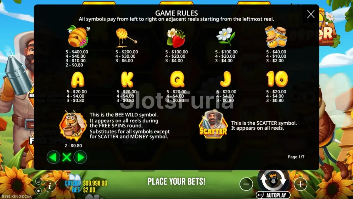 Tabla de pagos detallada de Bee Keeper