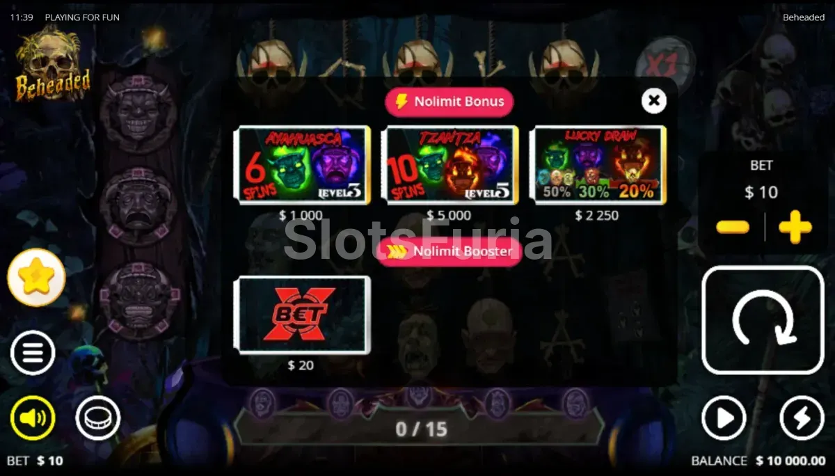 Menú de compra de bonus en Beheaded con las diferentes opciones disponibles