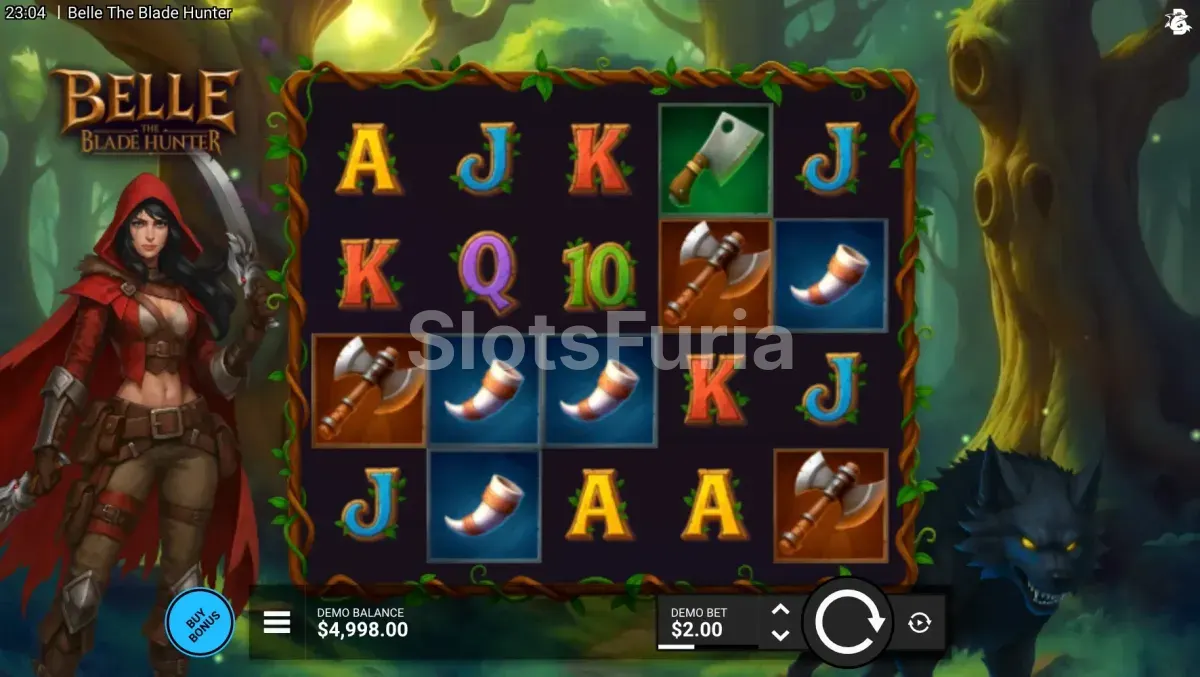 Pantalla principal del juego Belle The Blade Hunter con los cinco rodillos activos