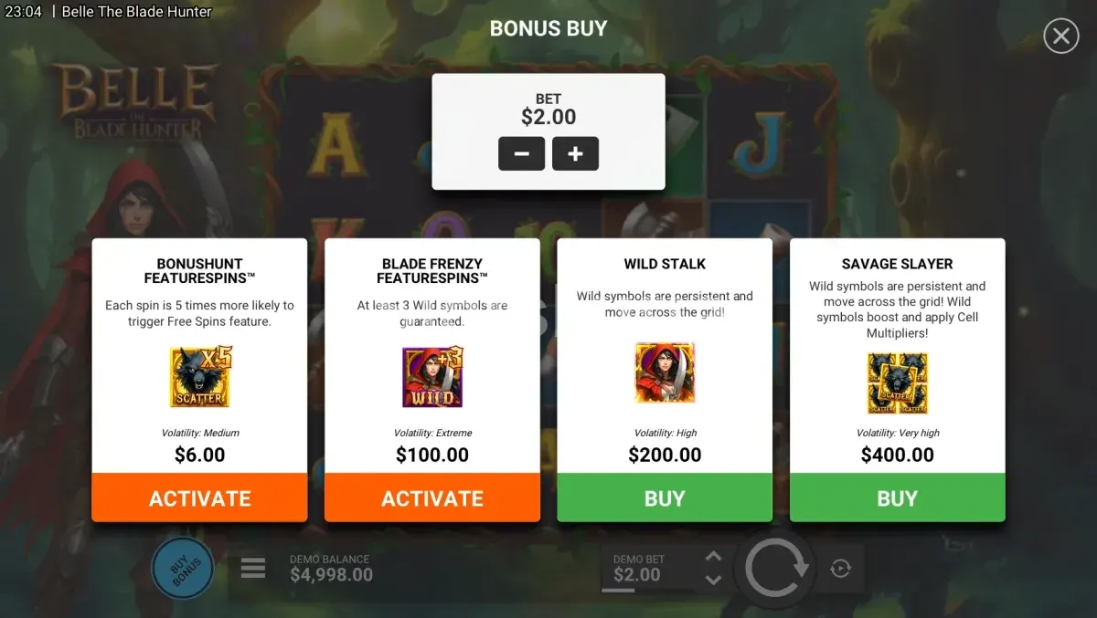 Menú de compra de bonos en Belle The Blade Hunter con opciones de precio y descripción