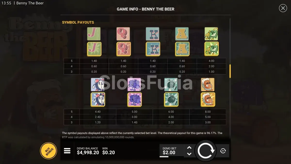 Tabla de pagos y símbolos de Benny The Beer