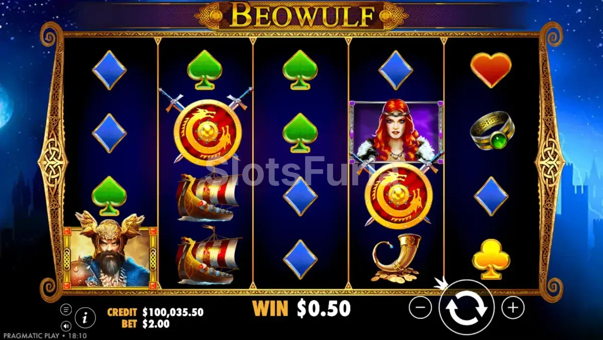Pantalla principal del juego Beowulf con los cinco rodillos activos
