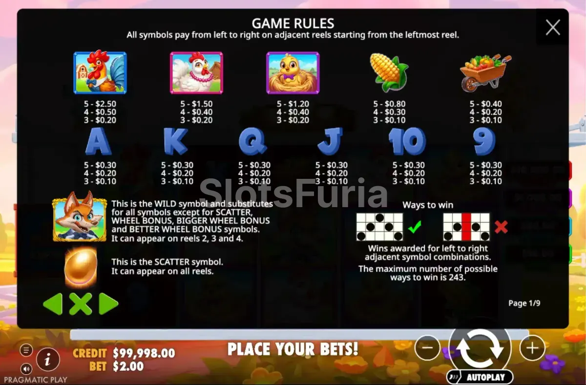Tabla de pagos de Better Barn House Bonanza con los valores de cada símbolo