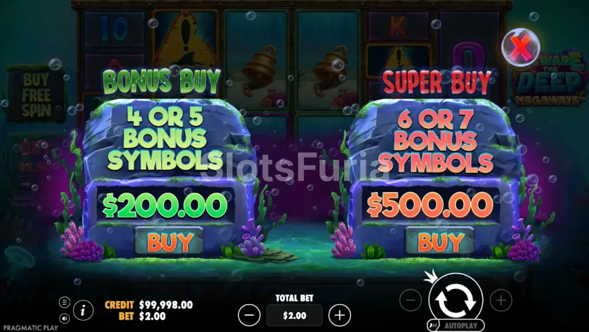 Pantalla de compra de bonus en Beware The Deep Megaways