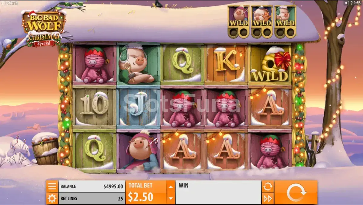Segunda vista del juego base de Big Bad Wolf Christmas Special con símbolos navideños