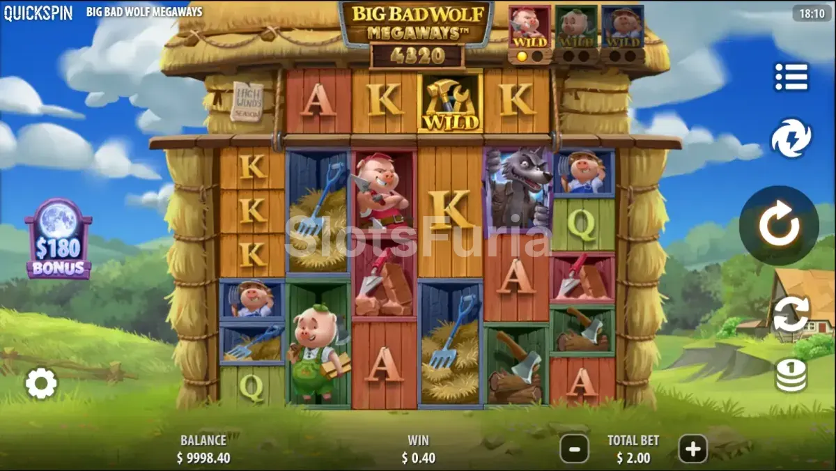 Pantalla principal de Big Bad Wolf Megaways con los seis carretes en acción