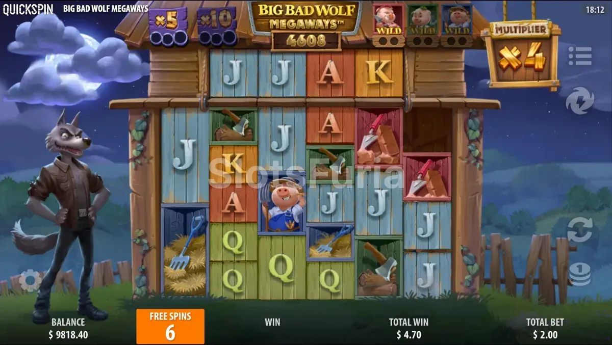 Pantalla de giros gratis de Big Bad Wolf Megaways con multiplicador activo