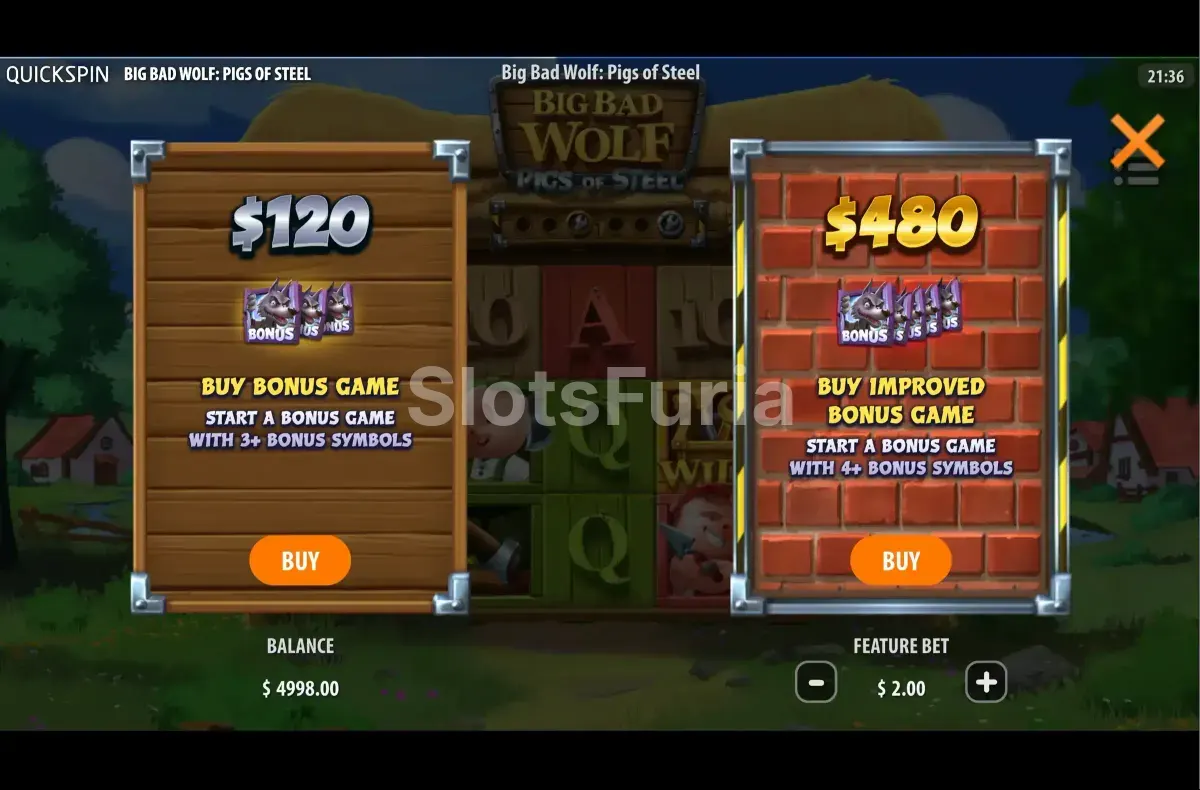 Interfaz de compra de bonus en Big Bad Wolf Pigs of Steel