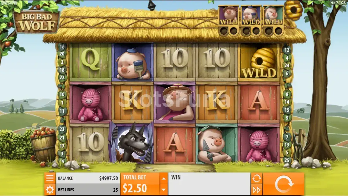 Juego base de Big Bad Wolf con la casa de paja de los tres cerditos, tragamonedas de cuentos de Quickspin
