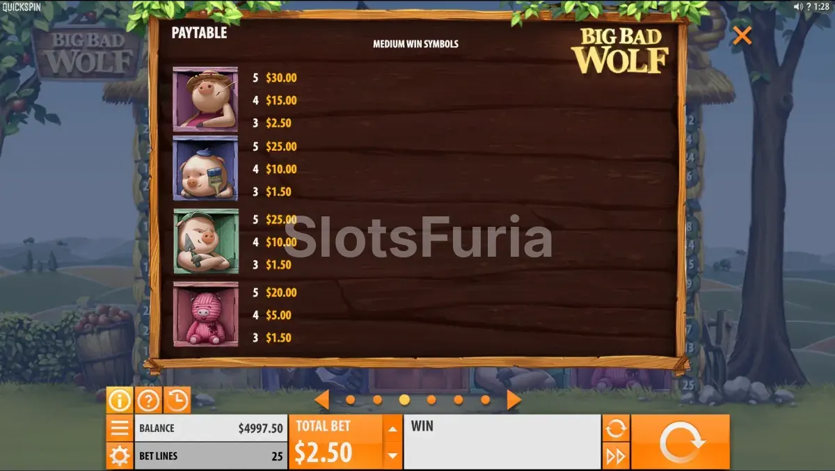 Tabla de pagos detallada de la slot Big Bad Wolf de Quickspin