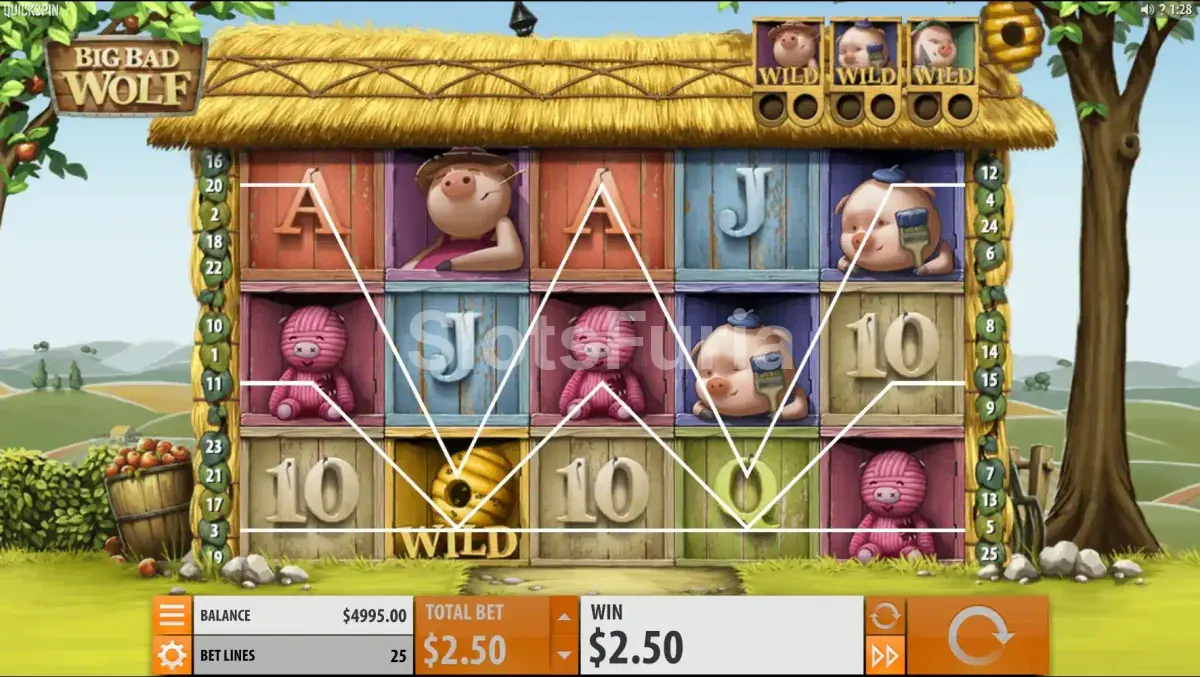 Segunda vista del juego base de Big Bad Wolf con símbolos en los rodillos