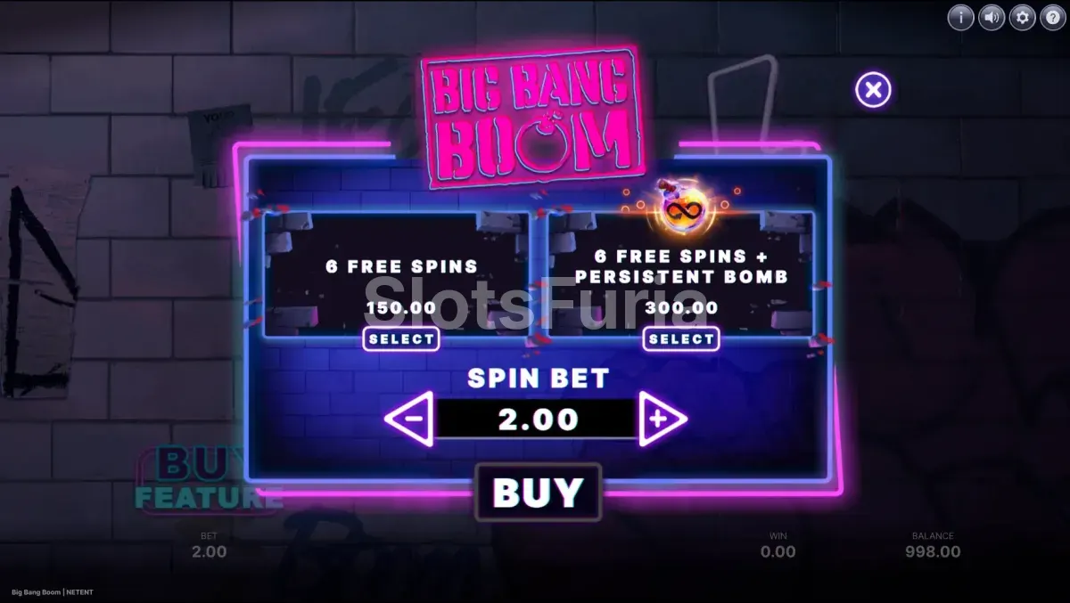 Opciones de compra de bonus en Big Bang Boom