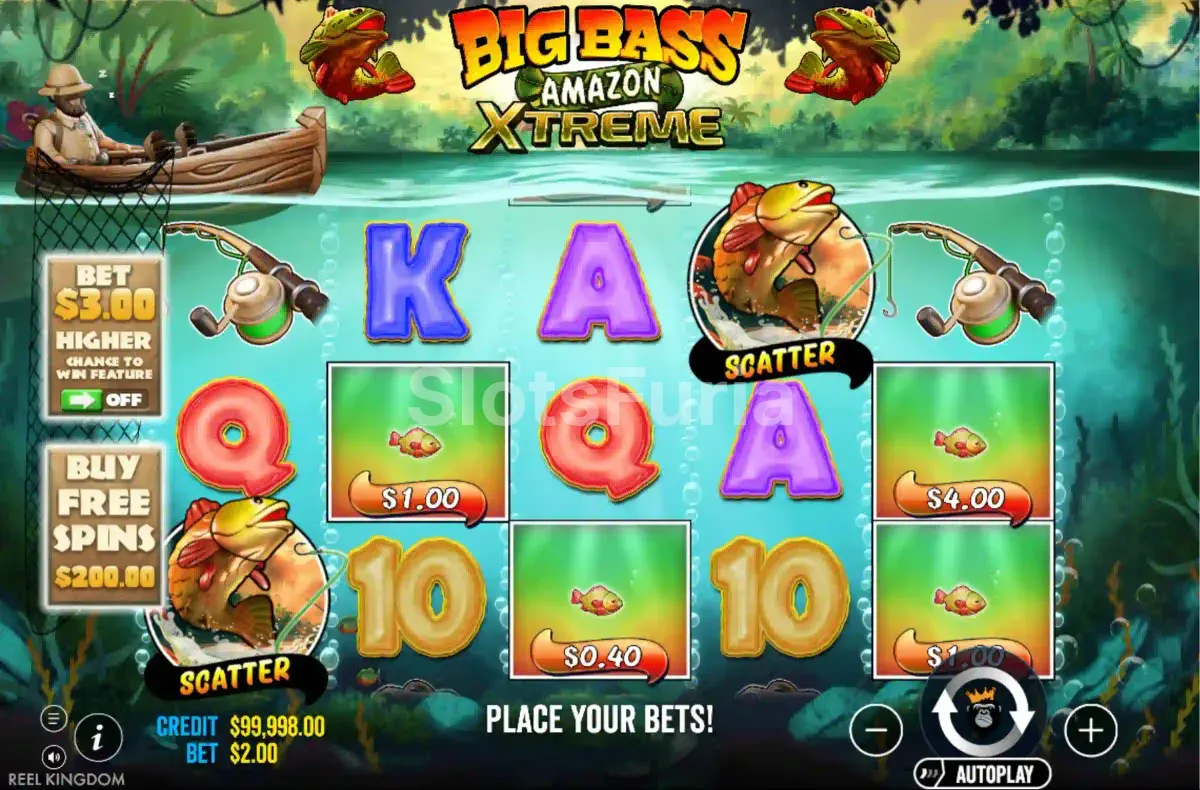 Pantalla principal de Big Bass Amazon Xtreme con el río amazónico de fondo