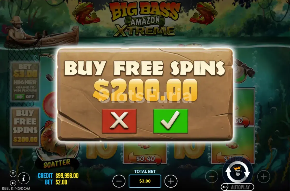 Menú de compra de bonus en Big Bass Amazon Xtreme