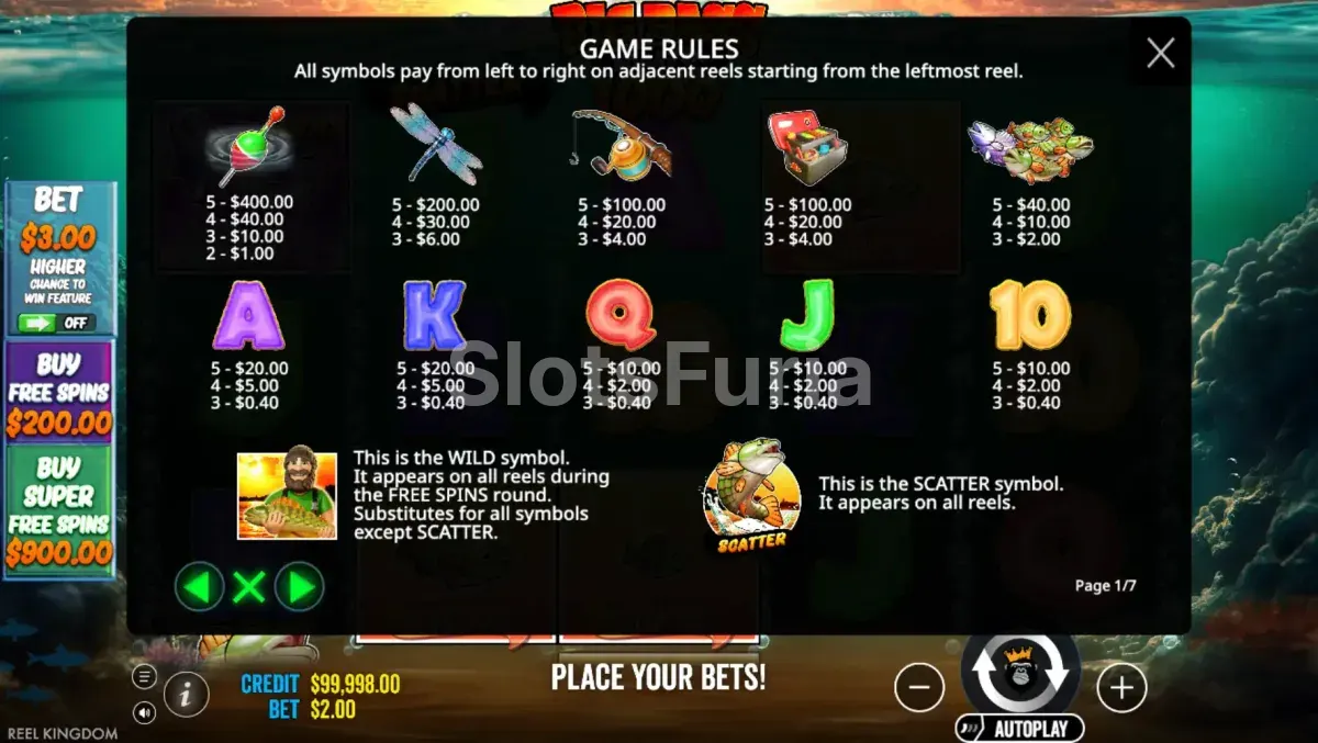 Tabla de pagos completa de Big Bass Bonanza 1000 con todos los símbolos