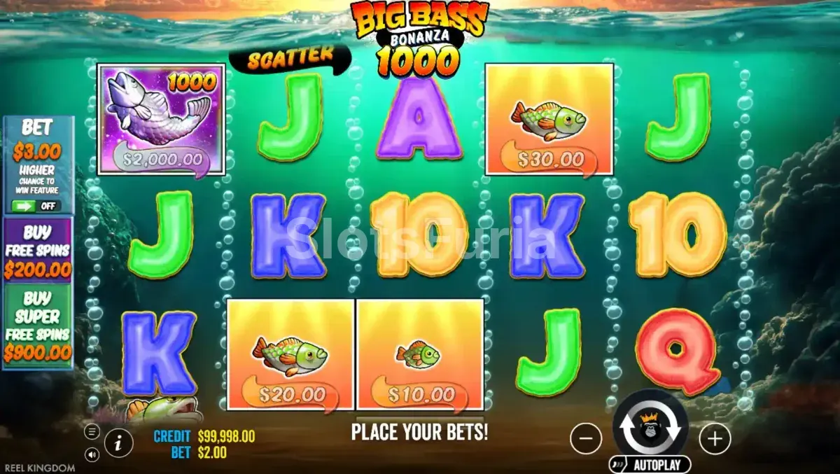 Pantalla principal del juego Big Bass Bonanza 1000 con sus 5 carretes