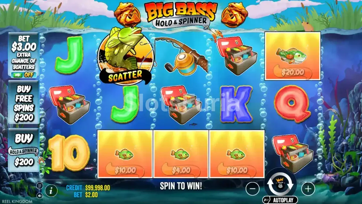 Pantalla principal del juego base de Big Bass Bonanza Hold & Spinner