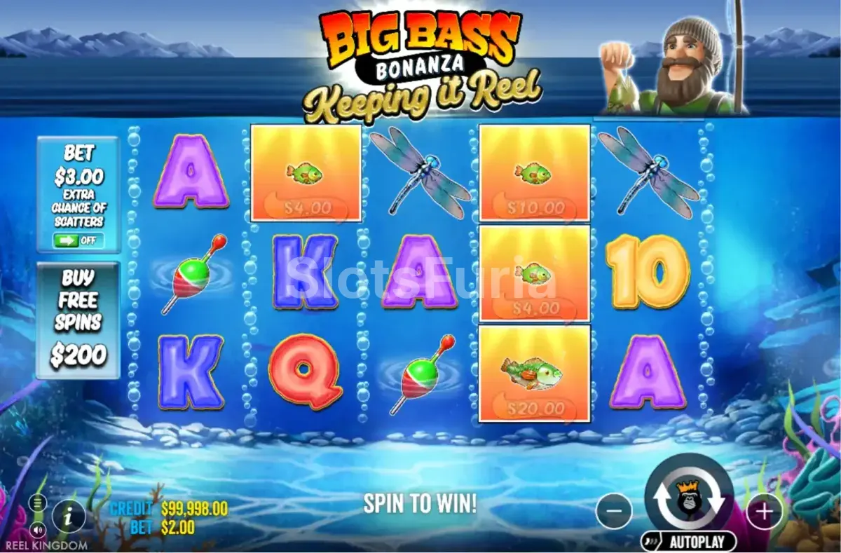 Pantalla principal del juego Big Bass Bonanza Keeping It Reel con sus 5 carretes