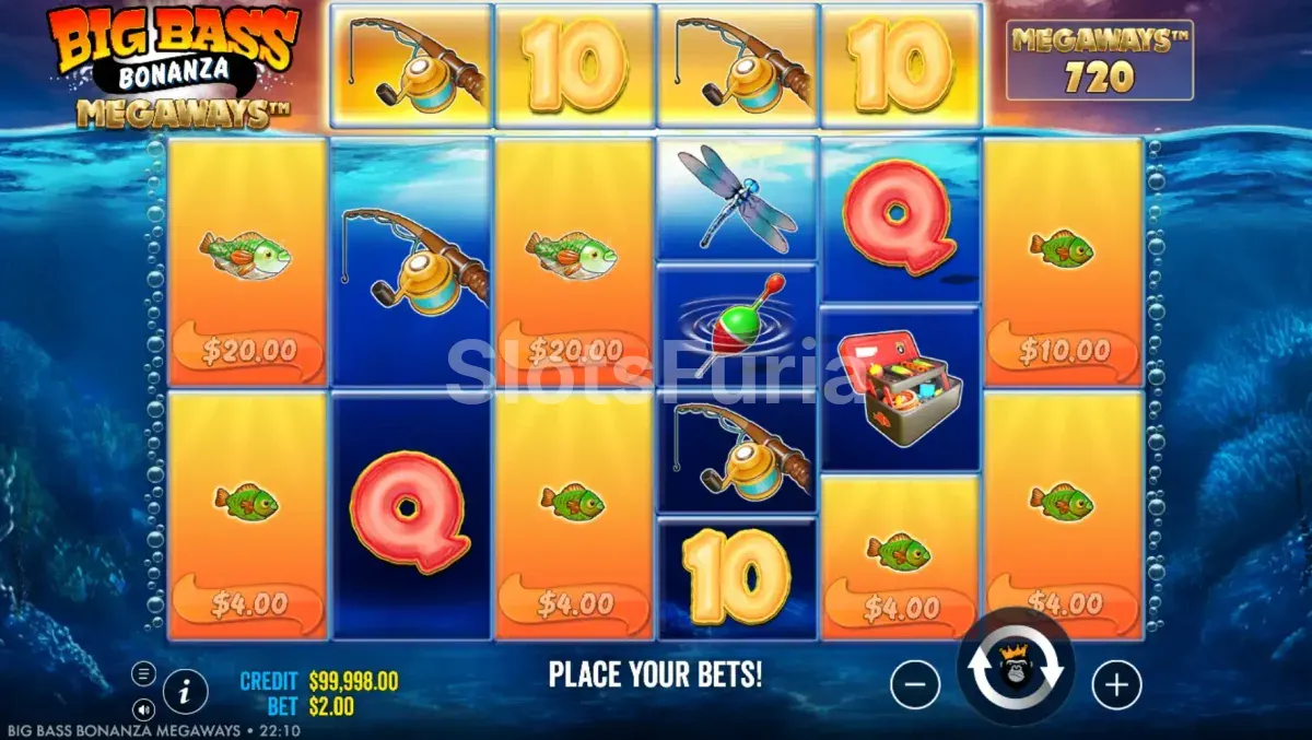 Pantalla principal de Big Bass Bonanza Megaways con sus 6 carretes activos